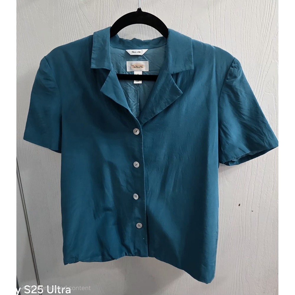 Talbots Pure Silk Cap Sleeve Teal Button Up Blouse Size 4 Lined Classic Career